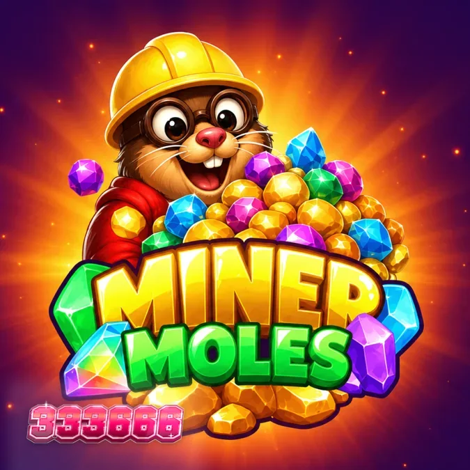 Tampilan grid 6x6 dalam permainan slot Miner Moles dengan tema pertambangan kartun.